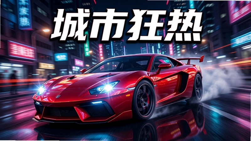 城市狂热电脑版游戏主视觉,炫酷红色跑车在城市夜景中漂移,霓虹灯映照,动态感十足,文字注明“城市狂热”