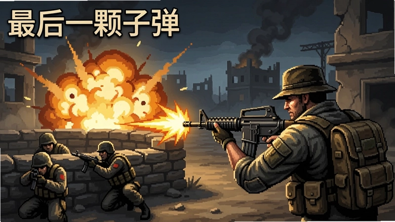 “最后一颗子弹”射击游戏激烈枪战场景,主角持步枪扫射,爆炸火光四溅,敌人掩体后躲避