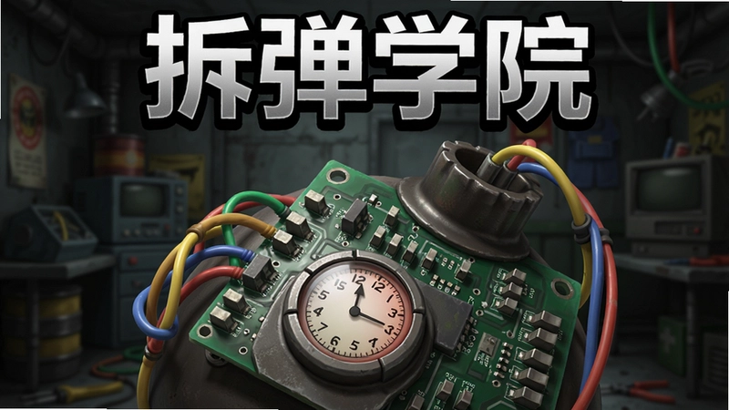 拆弹学院游戏场景,一枚带有计时器、多色导线和电路板的炸弹特写,游戏标题“拆弹学院”在画面上方