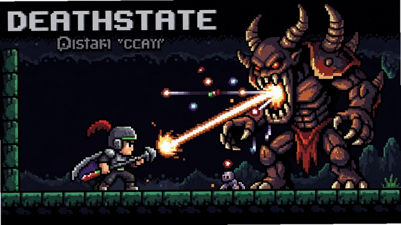 “Deathstate电脑版”像素地牢弹幕射击游戏主视觉,展示主角与巨大Boss对战场景