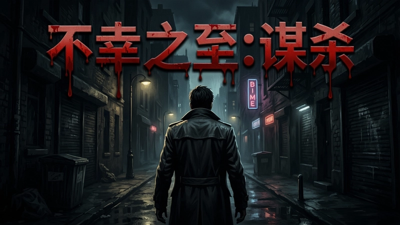 游戏主视觉海报,展示“不幸之至:谋杀”的阴暗街巷、主角背影与滴血标题字体