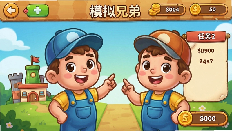 “模拟兄弟”卡通风格兄弟合作经营游戏主界面,包含产业升级、任务提示、金钱等UI元素,可爱兄弟角色