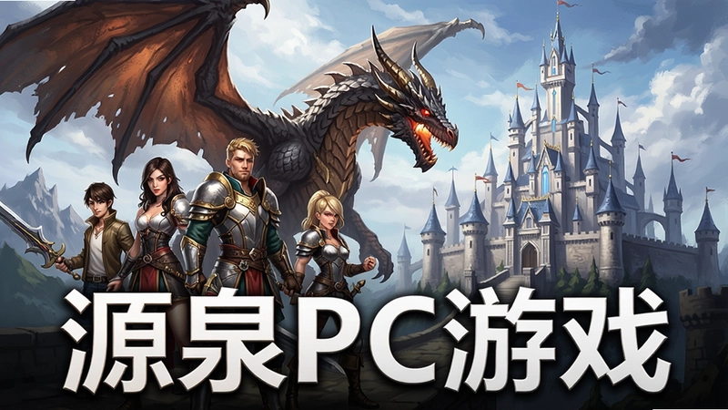 源泉PC游戏高清宣传图,包含主角团队、魔龙与宏伟城堡,文字“源泉PC游戏”