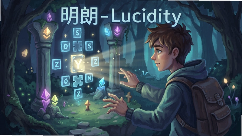 “明朗(Lucidity)”游戏梦境场景插画,展示主角与光影解谜元素