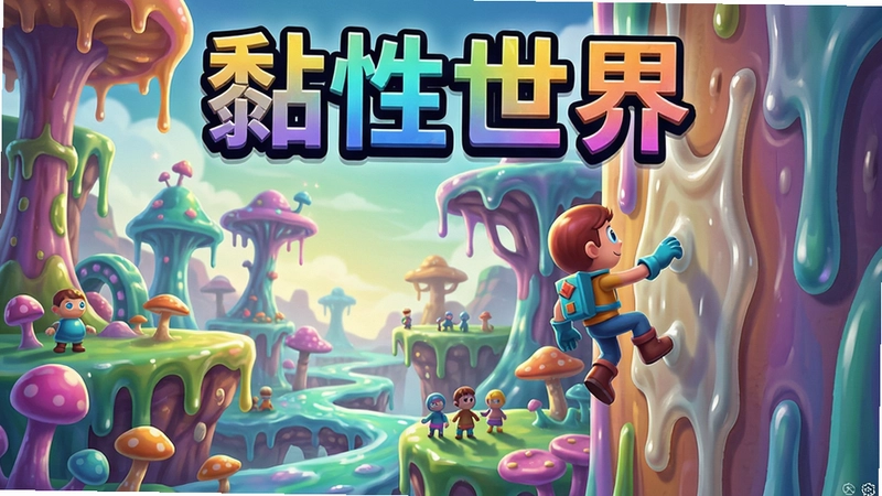 黏性世界游戏场景,展示黏性世界五彩斑斓的奇幻世界和主角黏附墙壁的动作,标题“黏性世界”醒目