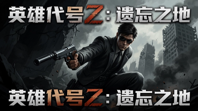 游戏横版海报,代号Z的特工手持消音手枪半蹲在废墟阴影中,背景是高楼残骸与硝烟,画面印有“英雄代号Z:遗忘之地”艺术字样