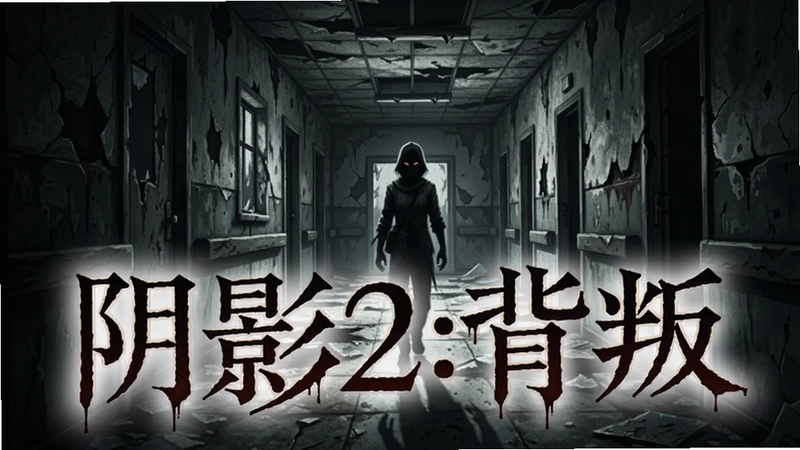 恐怖游戏“阴影2:背叛”的封面场景,暗黑废弃医院走廊,神秘人影,标题艺术字