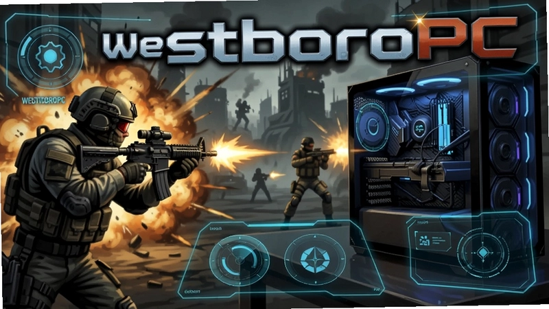 WestboroPC游戏电脑版游戏截图,展示激烈的枪战场景、特种部队角色以及未来感界面UI,包含游戏Logo“WestboroPC”