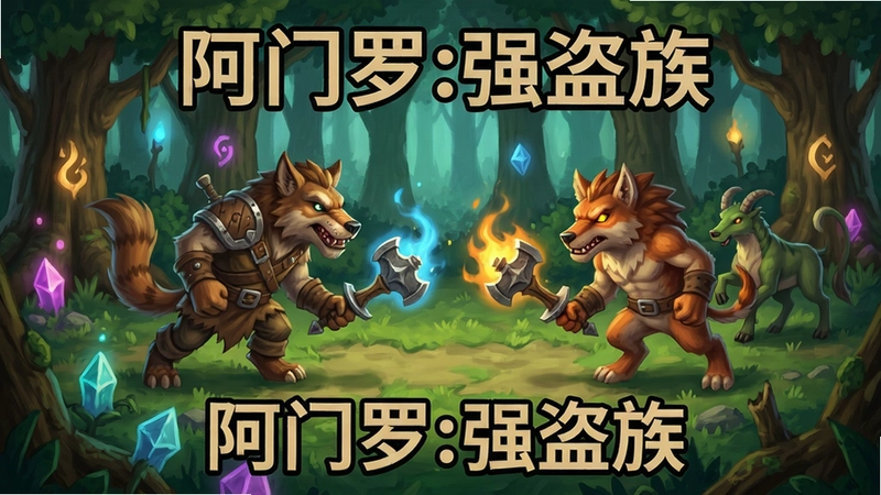 阿门罗:强盗族动物英雄在森林地图中对决的场景,整体画面充满魔幻桌游风格,文字标明“阿门罗:强盗族”