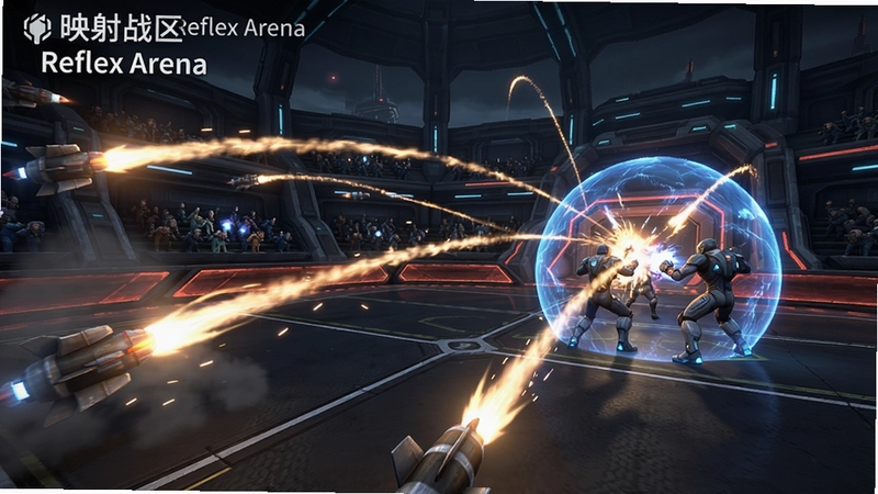 一幅展示“映射战区Reflex Arena”科幻竞技场激烈战斗的高清游戏截图,包含火箭弹轨迹与能量盾特效