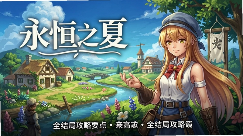 永恒之夏电脑版游戏主视觉图,包含夏日乡村场景与主要角色,图中展示“永恒之夏”中文标题及全结局攻略要点