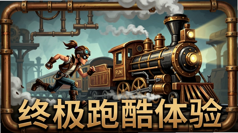 一张展示朋克火车跑酷(Trainpunk Run)电脑版游戏画面的蒸汽朋克风海报,奔跑角色与炫酷列车同框,标注“终极跑酷体验”