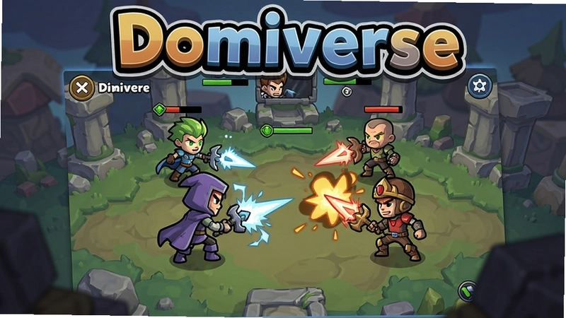 生成一张展示Domiverse游戏主界面和角色混战的宣传图,包含“Domiverse”字样,卡通风格