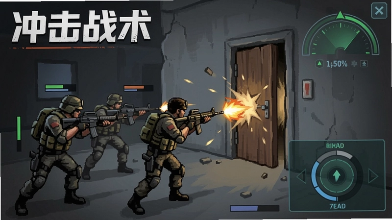 冲击战术游戏界面示意图,展示小队作战、破门瞬间与HUD界面,“冲击战术”
