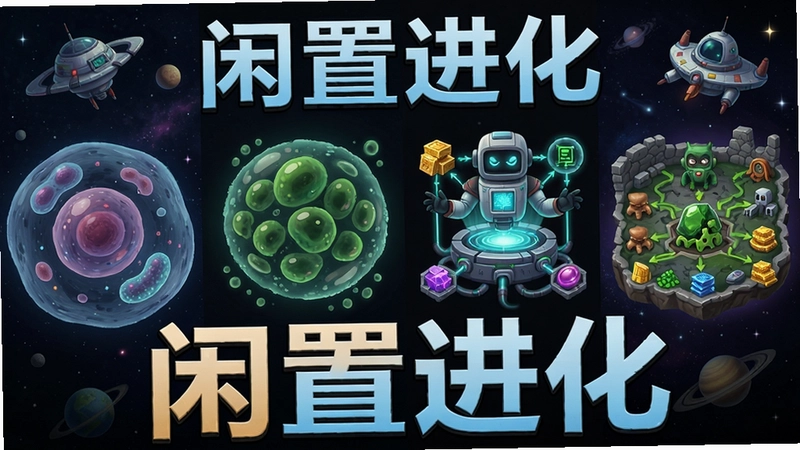 闲置进化电脑版游戏宣传图,融合细胞、生物、科技、太空等多种进化阶段,展示丰富玩法与资源管理要素,标注“闲置进化”字样