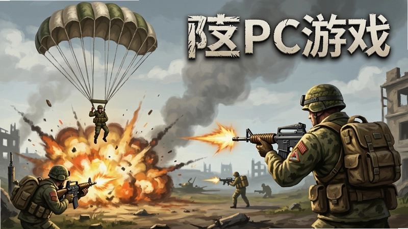 降落区PC游戏空降兵射击战场,包含降落伞降落、士兵持枪、爆炸效果,“降落区PC游戏”