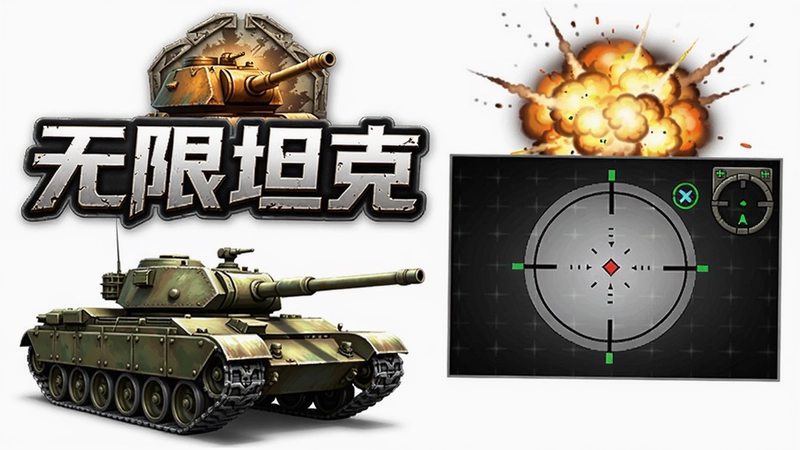 无限坦克电脑版游戏综合展示图,“无限坦克”LOGO、坦克模型、瞄准界面与爆炸特效,高清画质
