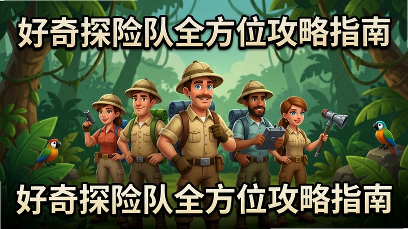 好奇探险队电脑版游戏宣传图,包含探险队员集结与丛林场景,文字“好奇探险队全方位攻略指南”