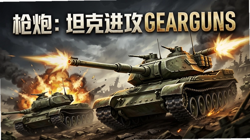 枪炮:坦克进攻GEARGUNS 主视觉海报,坦克射击游戏激烈对战场景,充满爆炸特效与钢铁洪流,标题“枪炮:坦克进攻GEARGUNS”