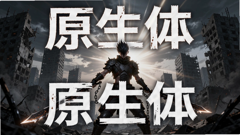 原生体游戏封面,主角手持链刃,背景废墟城市,光芒四射,标题“原生体”赫然醒目