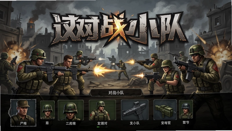 对战小队电脑版游戏主界面,包含“对战小队”艺术字Logo,展示小队战斗场景和兵种选择