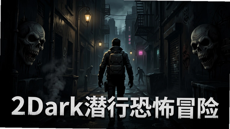 2Dark游戏主视觉图,包含黑暗小巷中的主角与恐怖氛围,文字标注“2Dark潜行恐怖冒险”