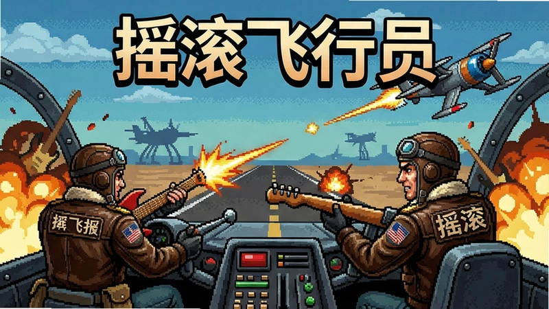 摇滚飞行员游戏战斗场景,充满摇滚元素和飞行射击,画面中标注“摇滚飞行员”文字