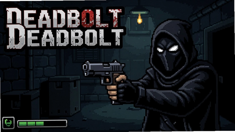 Deadbolt电脑版潜行动作游戏画面,死神角色手持手枪,阴暗像素风格,包含“Deadbolt”标志