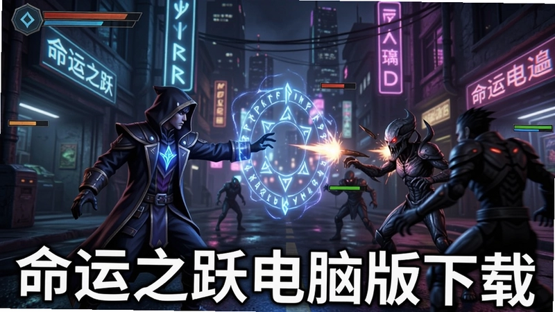 命运之跃电脑版游戏实机画面,秘术师释放符文技能对抗敌人,赛博朋克街道霓虹灯光,“命运之跃电脑版下载”