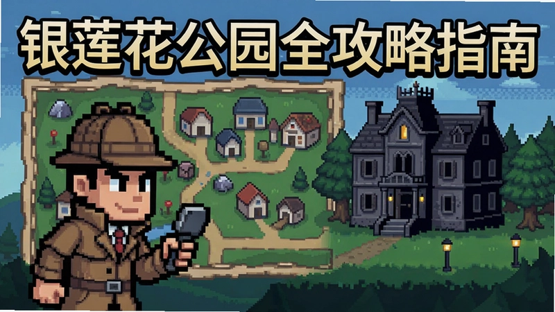 银莲花公园电脑版游戏主视觉图,包含像素侦探角色、小镇地图、神秘别墅,文字标题“银莲花公园全攻略指南”
