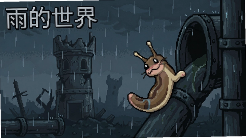雨的世界游戏场景,蛞蝓猫在昏暗的管道中攀爬,背景是倾盆大雨下的废墟塔楼,手绘像素风,“雨的世界”