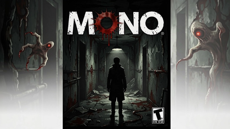 恐怖游戏mono游戏封面与诡异场景,画面包含恐怖游戏mono标题和主角在黑暗走廊中的孤独身影