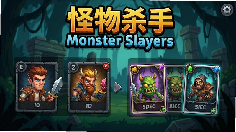 怪物杀手Monster Slayers游戏主界面,显示角色选择与卡牌组合,标题“怪物杀手Monster Slayers”醒目