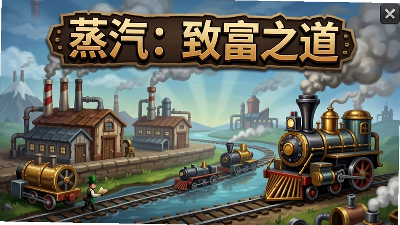 蒸汽:致富之道电脑版游戏主界面,展示工厂、铁路与蒸汽机械,带有“蒸汽:致富之道”标题