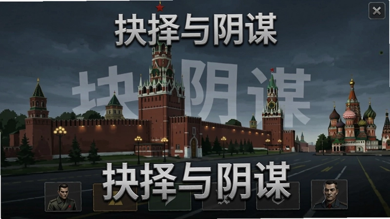 克里姆林宫危机游戏主界面,展现苏联克里姆林宫红场背景及策略选项,文字注明“抉择与阴谋”