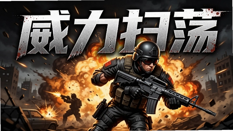 威力扫荡游戏封面主视觉图,一名特战队员持枪突进,身后爆炸火光与“威力扫荡”标题文字,展现激烈枪战氛围