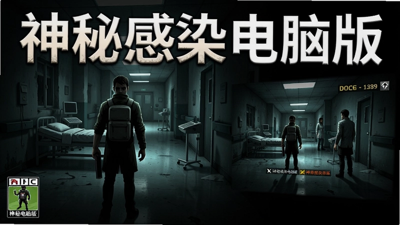 神秘感染游戏封面与游戏画面,展现阴暗医院场景与主角,文字