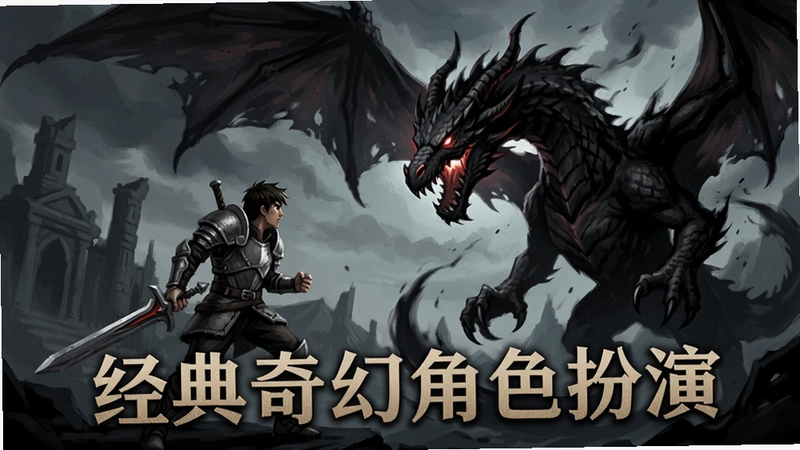 亚当的暗影 游戏宣传海报 展示主角与暗影巨龙的对峙 “经典奇幻角色扮演”
