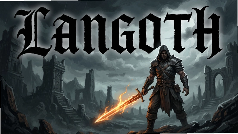 A dramatic key art of Langoth, dark fantasy world with a lone warrior holding a glowing sword, the title ��Langoth�� in bold gothic letters