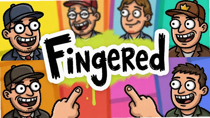 生成一幅Fingered游戏风格插画,画面中心为写有“Fingered”的粗犷标题,周围有多个表情夸张的嫌疑人头像以及玩家指认的场景,色彩鲜艳,卡通涂鸦风格