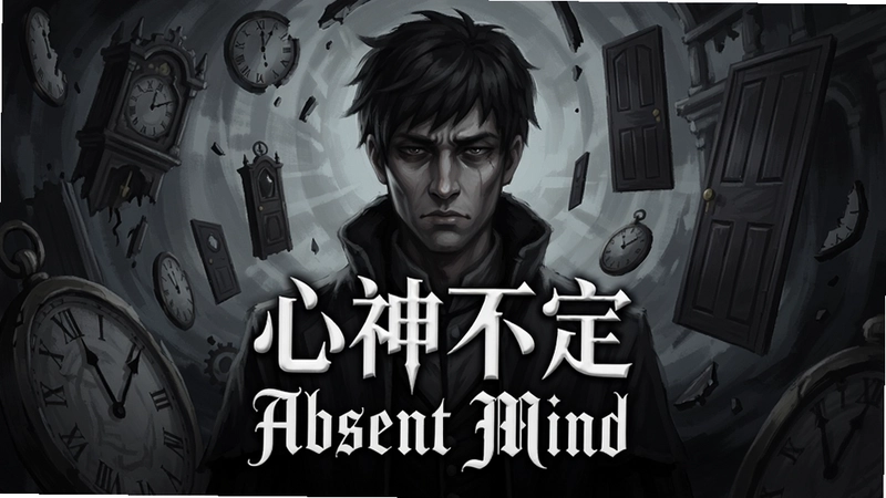 一幅包含“心神不定Absent Mind”游戏主视觉的插画,黑暗奇幻风格,人物面色凝重,背景为支离破碎的钟表与浮空门扉,画面中央用哥特体文字注明“心神不定Absent Mind”