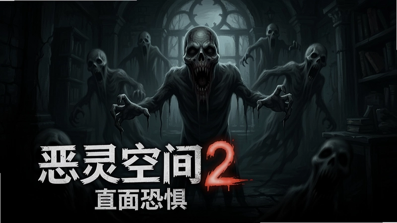 恶灵空间2 游戏封面主视觉图,黑暗中浮现恐怖鬼影,标注“恶灵空间2 直面恐惧”