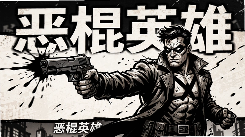 恶棍英雄漫画风格横版射击游戏海报,主角持枪,墨水特效飞溅,标注恶棍英雄