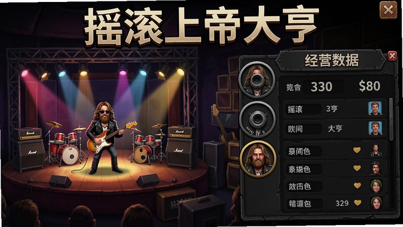 摇滚上帝大亨游戏主界面,显示音乐舞台、录音棚和经营数据面板,体现“摇滚上帝大亨”玩法