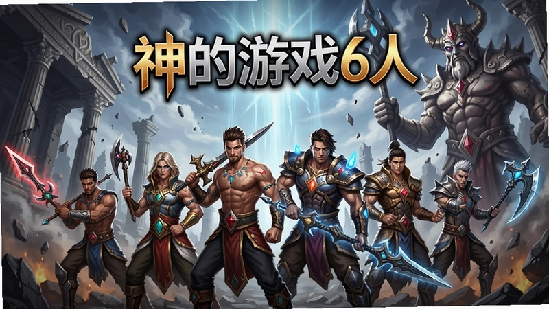 生成关于“神的游戏6人”的游戏宣传图,六名神选勇士手持不同武器并肩作战,背景为破碎神殿与巨型神像,画面正上方放置标题文字“神的游戏6人”