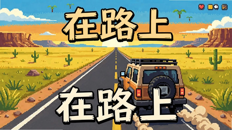 在路上游戏场景,广阔的草原公路,一辆越野车行驶,文字“在路上”