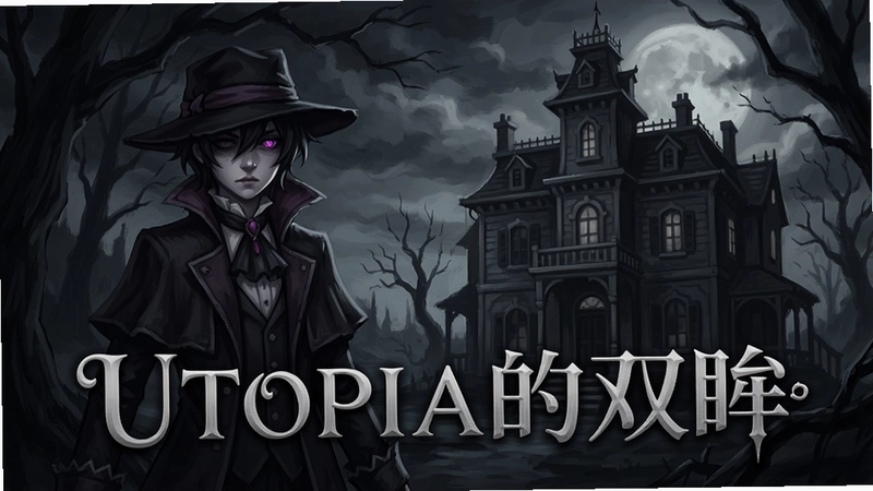 “Utopia的双眸”游戏主视觉图,包含主角立绘与洋馆场景,暗黑唯美风格
