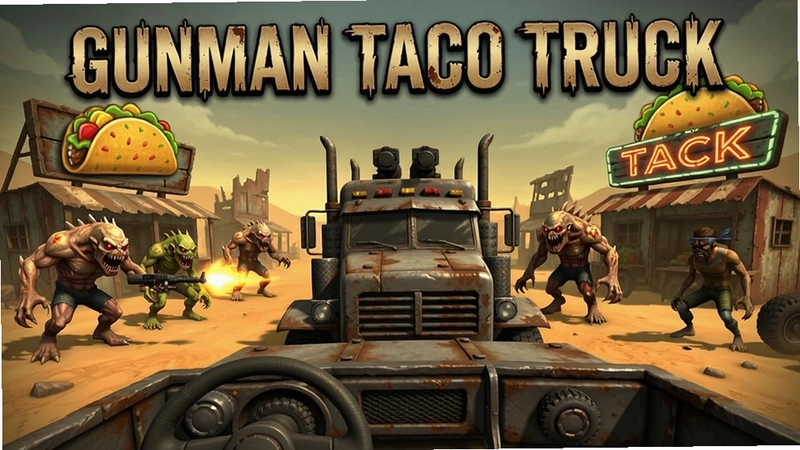 末日废土风格卡车驾驶与射击游戏Gunman Taco Truck主界面截图,包含武装卡车、变异怪物和玉米卷招牌,文字注明“Gunman Taco Truck”