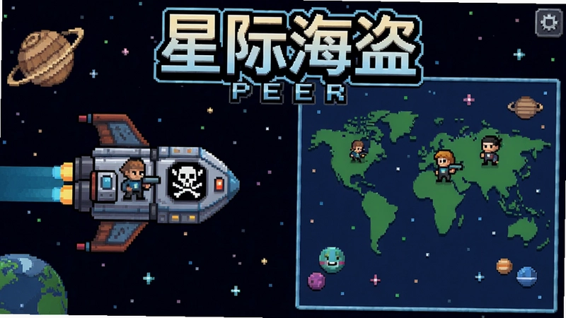 像素星际海盗游戏主界面,展示飞船、船员和太空地图,包含《像素星际海盗》标题