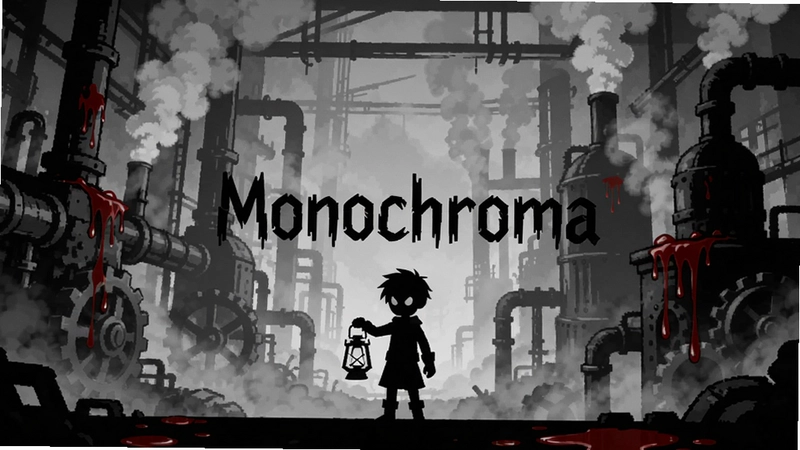 Monochroma游戏场景,黑暗蒸汽工厂中手持灯笼的男孩剪影,仅红色血迹点缀,画面中央标注“Monochroma”标题